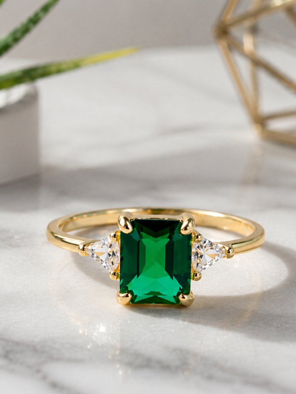 Ring-41--18K Gold Plated 925 Sterling Silver Emerald CZ Ring